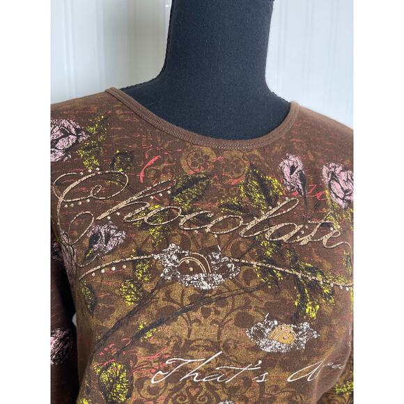 Studio Collection Rhinestones Novelty Parisian 3/4 Blouse Women's M Brown Y2K - Picture 2 of 9